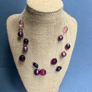 Multi-Strand Beaded Floating Necklace 16 In Magenta Purple Silver Chic Elegant